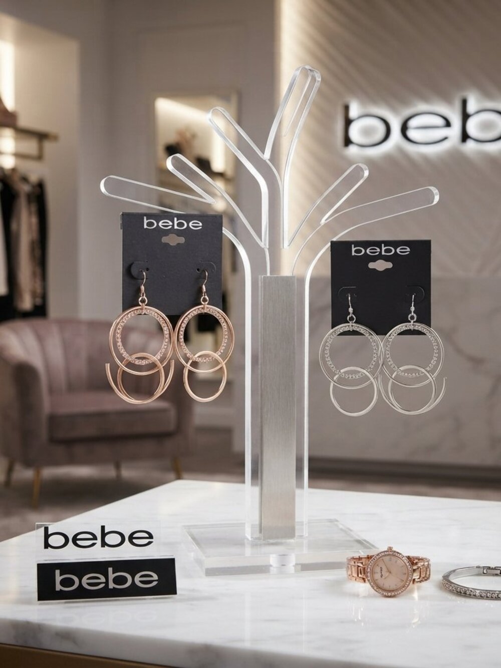 bebe 2-Pair Set Silver & Rose Gold Rhinestone Interlocking Circle Dangle Earring